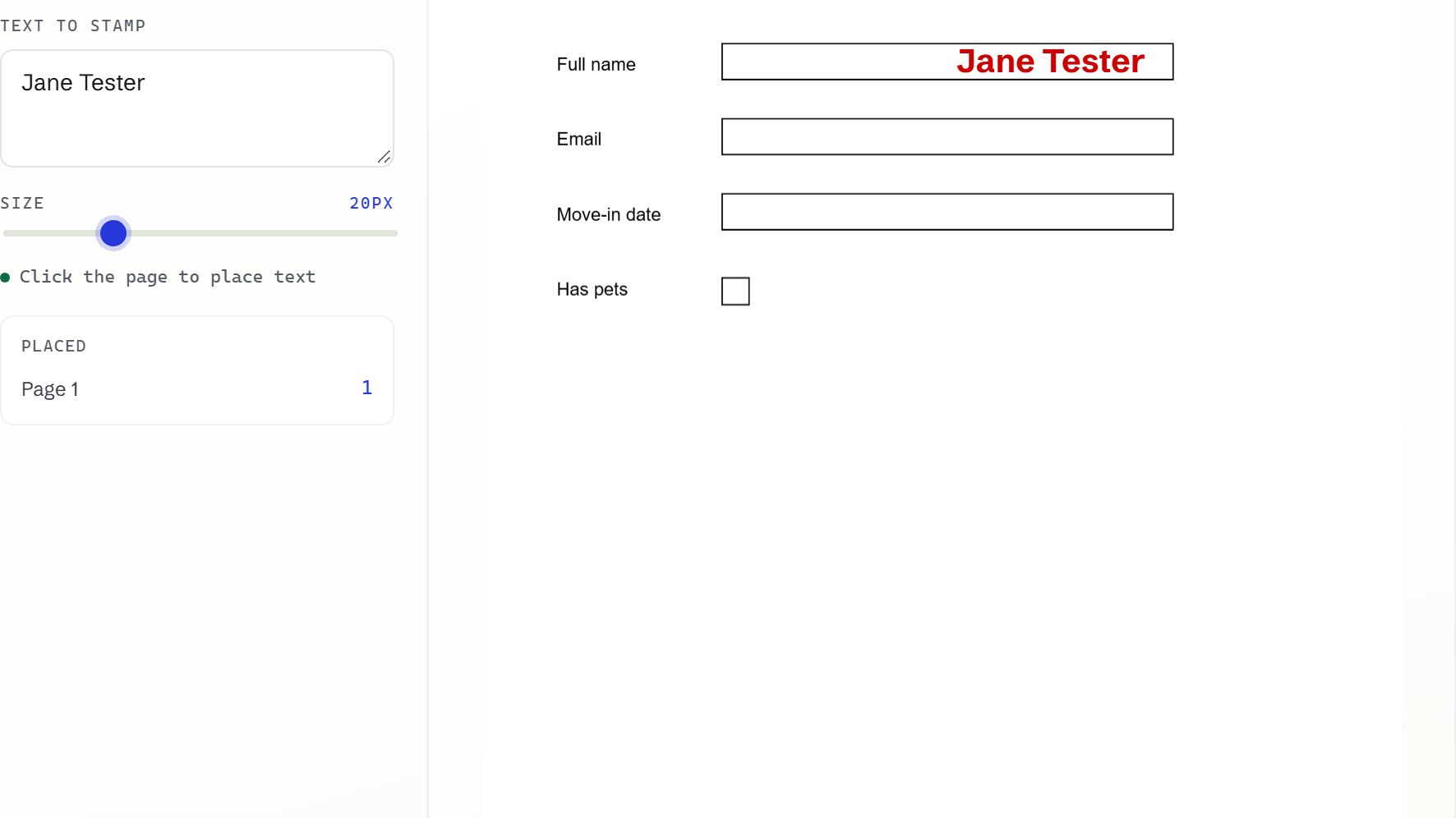 FormFix with a name typed onto a test rental form, ready to download